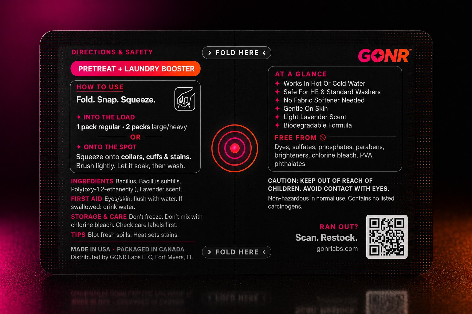 Back of GONR Pretreat sachet — directions, ingredients and safety