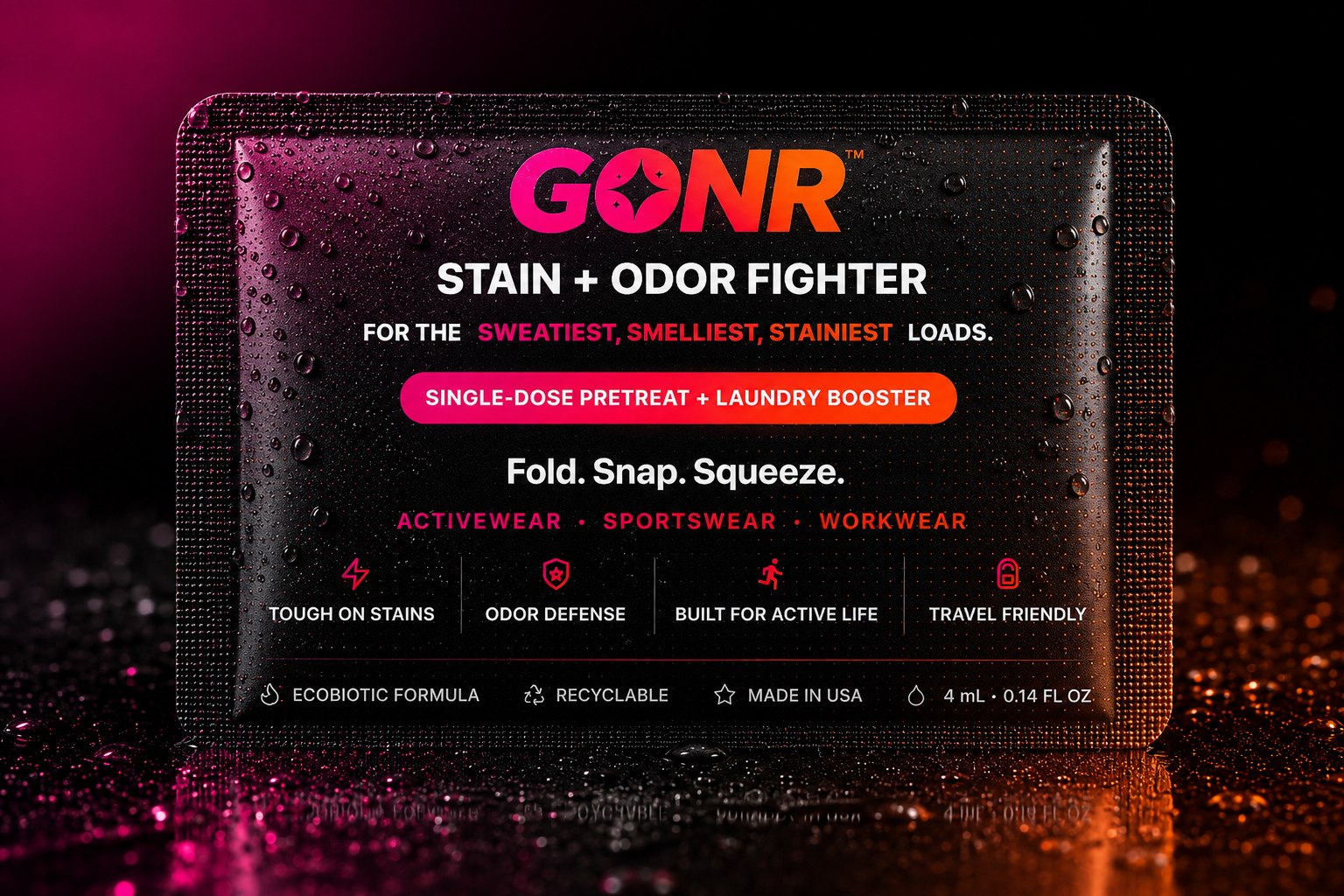 GONR Pretreat single-use sachet covered in water drops