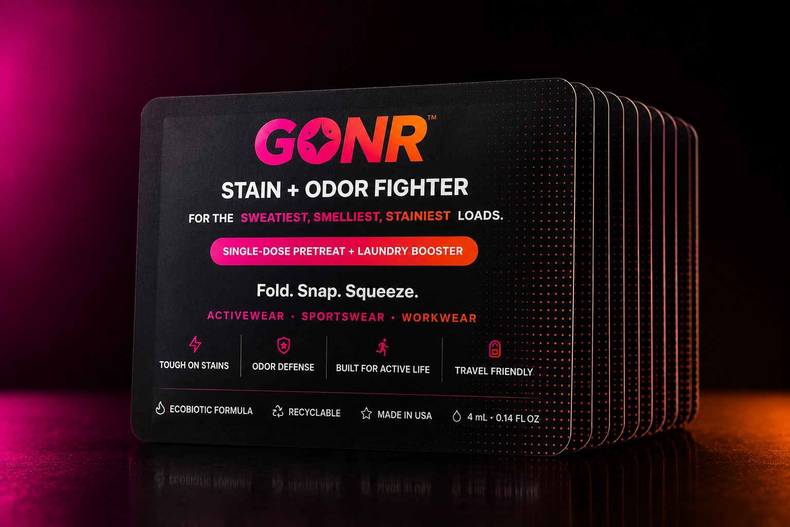 GONR Pretreat sachets fanned out